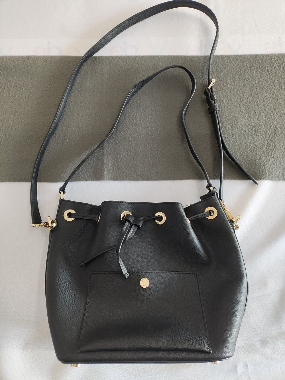 Michael Kors Black Saffiano Drawstring Bucket Bag Gold Hardware Adjustable Strap